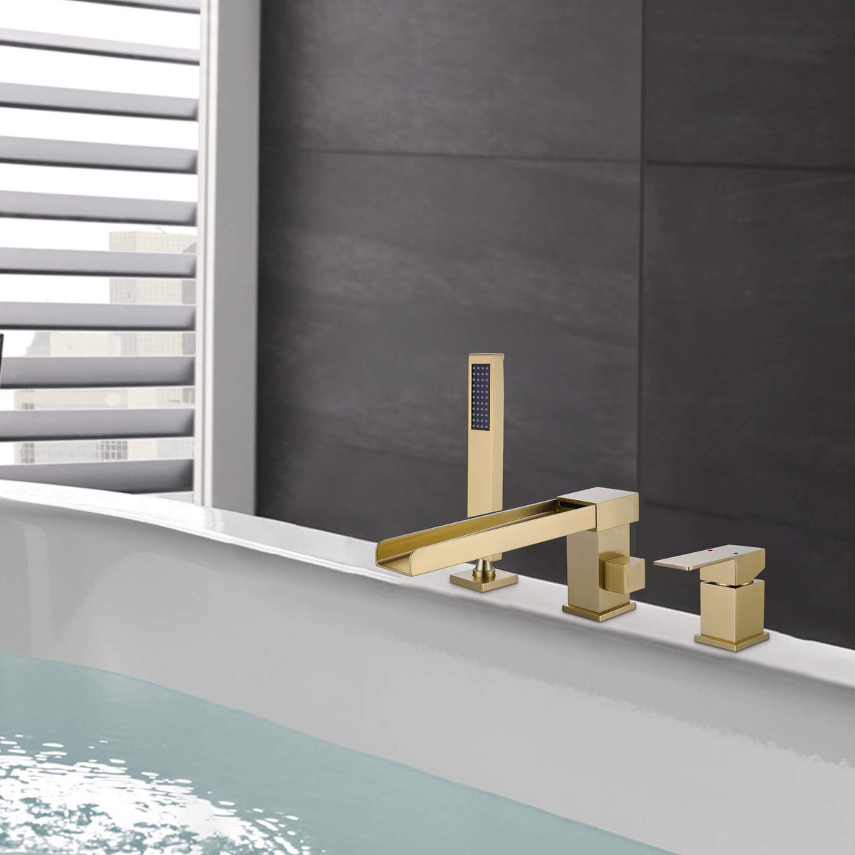 Single Handle Deck-Mounted Tub Filler with Hand Shower and Certified Valve