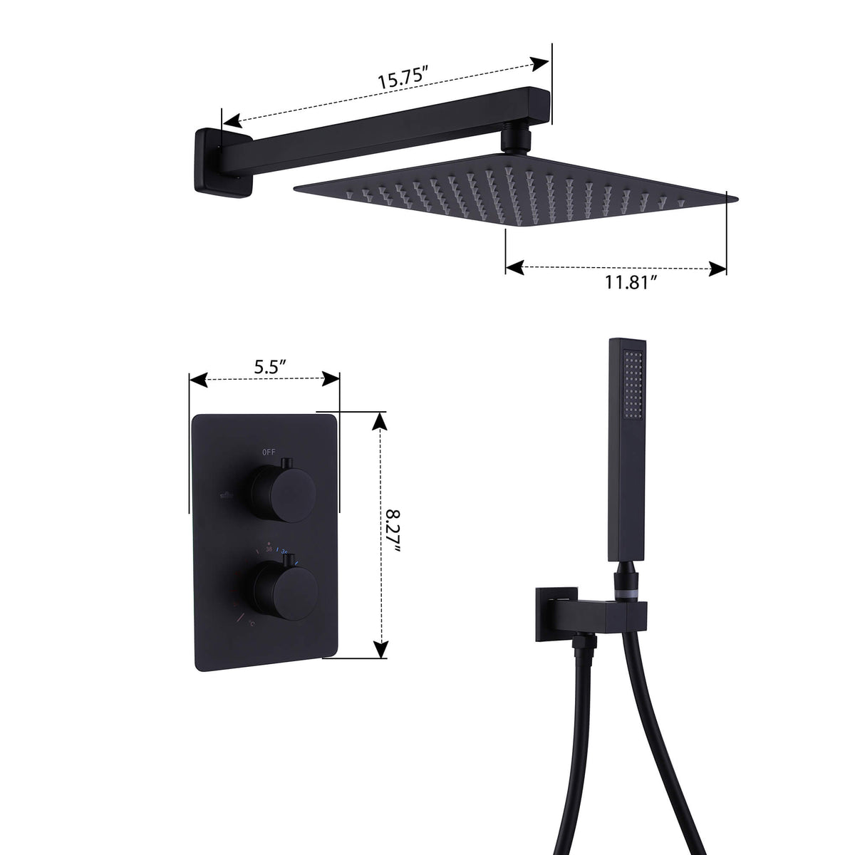 Matte Black 10-Inch Thermostatic Shower System with Handheld