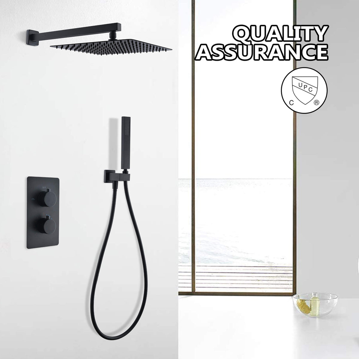 Matte Black 10-Inch Thermostatic Shower System with Handheld