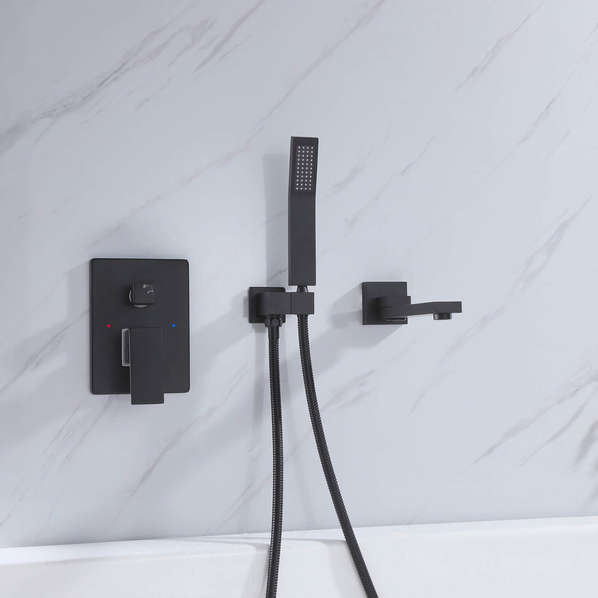 Wall-Mounted Bathtub Faucet with Hand Shower and Minimalist Control Panel