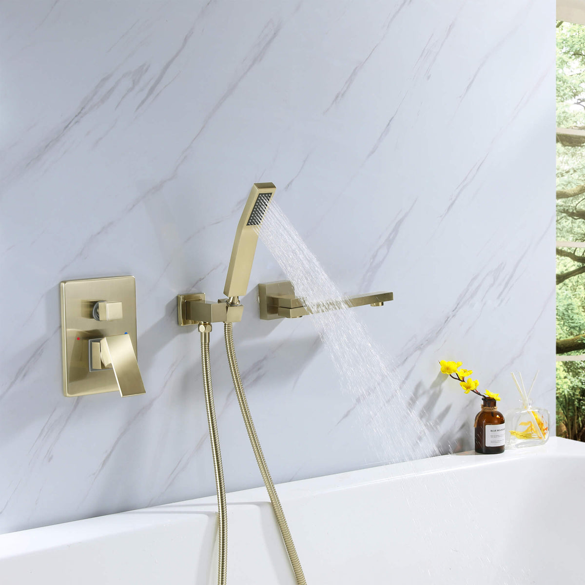 Wall-Mounted Tub Filler with Long Spout & Hand Shower