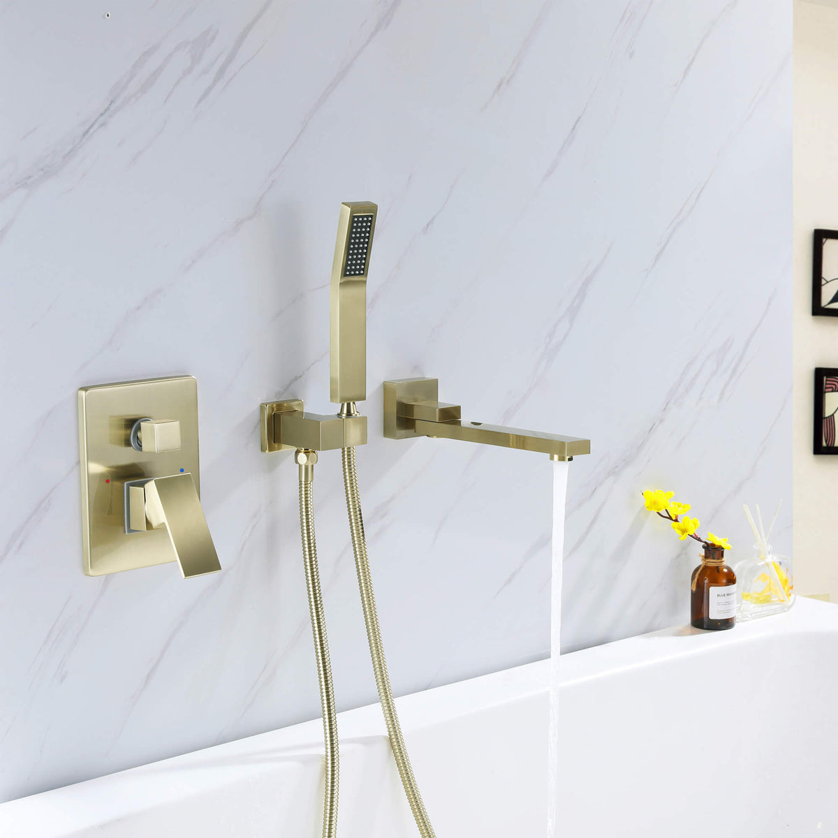 Wall-Mounted Tub Filler with Long Spout & Hand Shower
