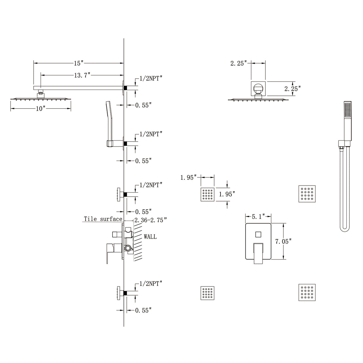 Shower System with 4 Body Jets and Rain Shower Head