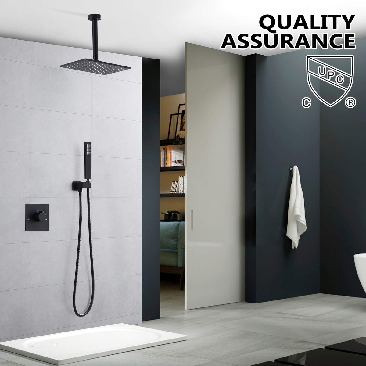 Ceiling-Mounted Shower System with Rainfall Shower Head and Handheld Shower