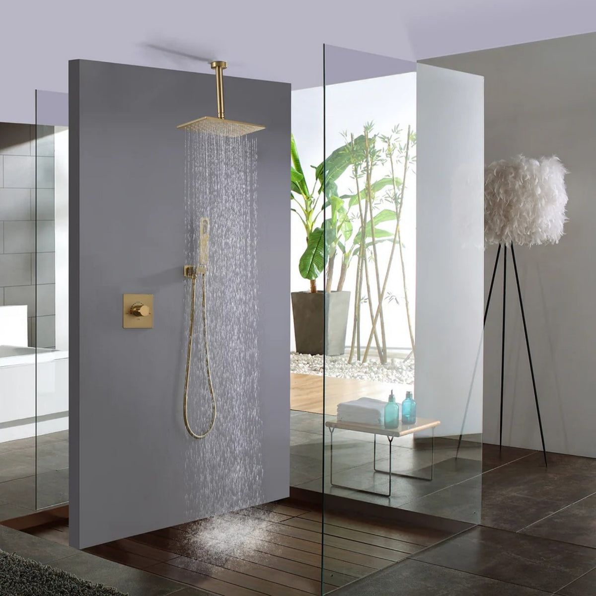 Ceiling-Mounted Shower System with Rainfall Shower Head and Handheld Shower