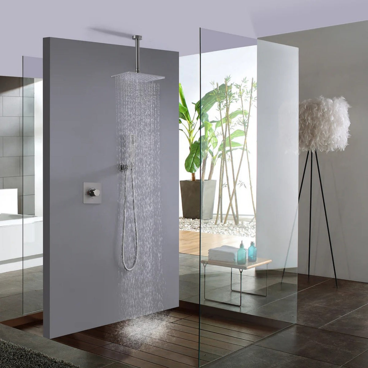 Ceiling-Mounted Shower System with Rainfall Shower Head and Handheld Shower