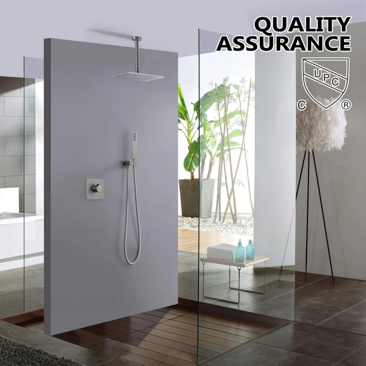 Ceiling-Mounted Shower System with Rainfall Shower Head and Handheld Shower
