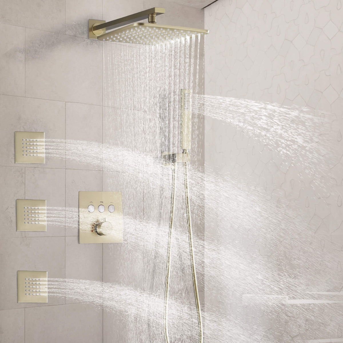 Thermostatic Shower System with 3 Body Jets and Button Control