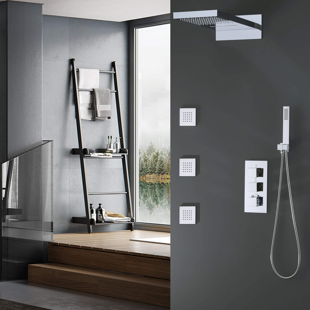 3-Handle Thermostatic Shower System with Body Jets