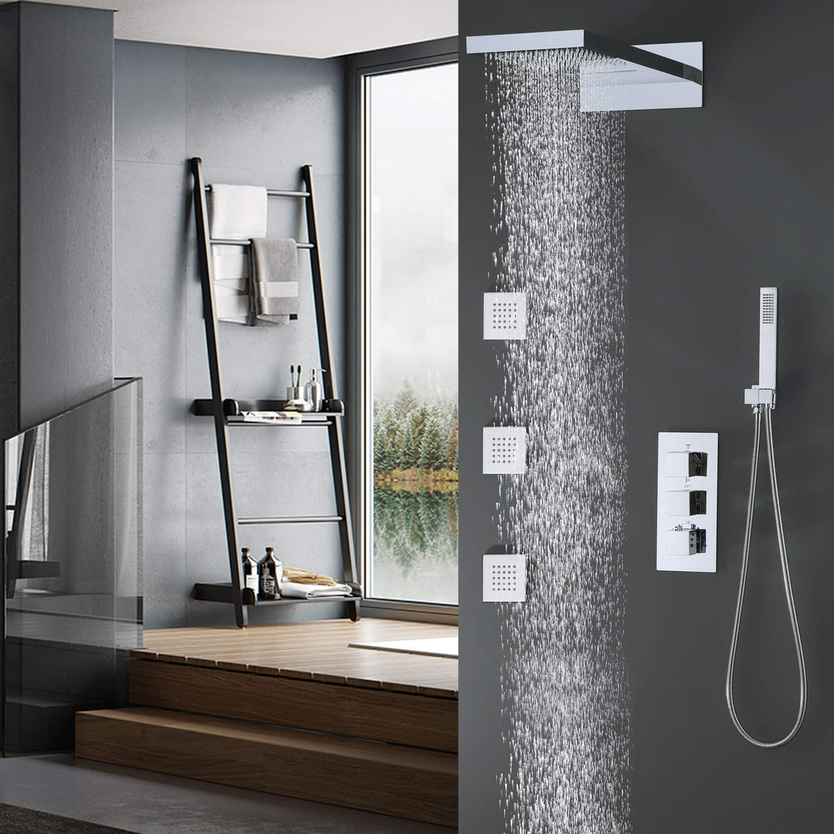 3-Handle Thermostatic Shower System with Body Jets