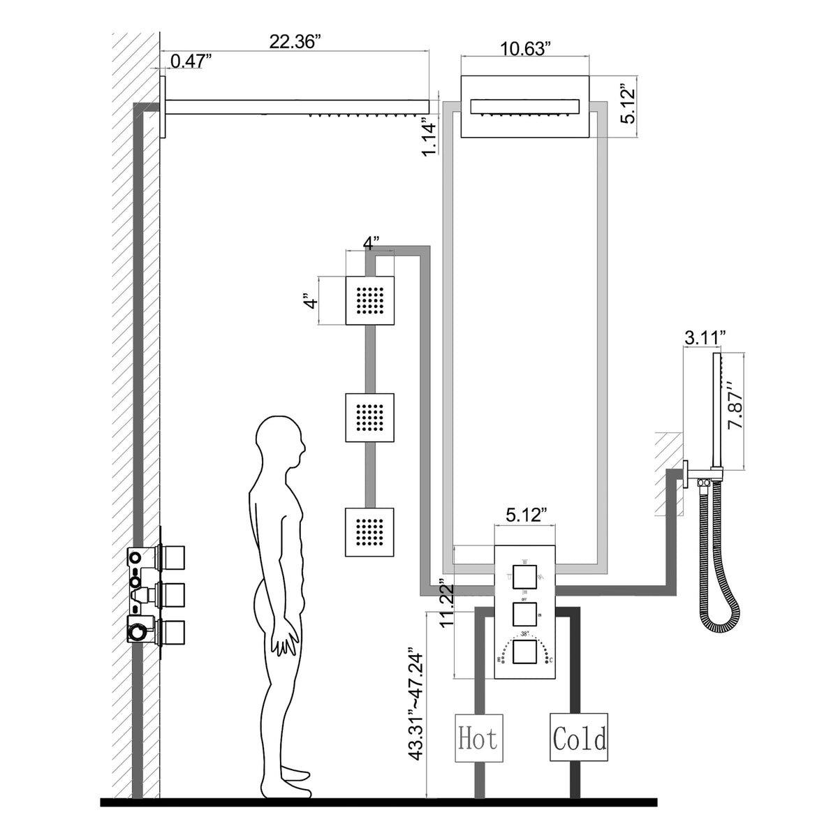 3-Handle Thermostatic Shower System with Body Jets