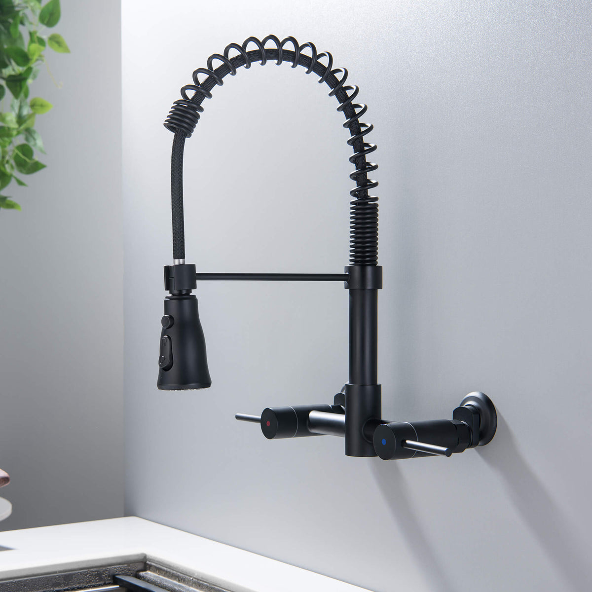 Wall-Mounted Kitchen Faucet with Pull-Down Sprayer 3 Modes 360° Swivel