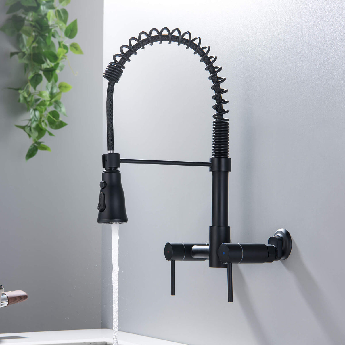 Wall-Mounted Kitchen Faucet with Pull-Down Sprayer 3 Modes 360° Swivel