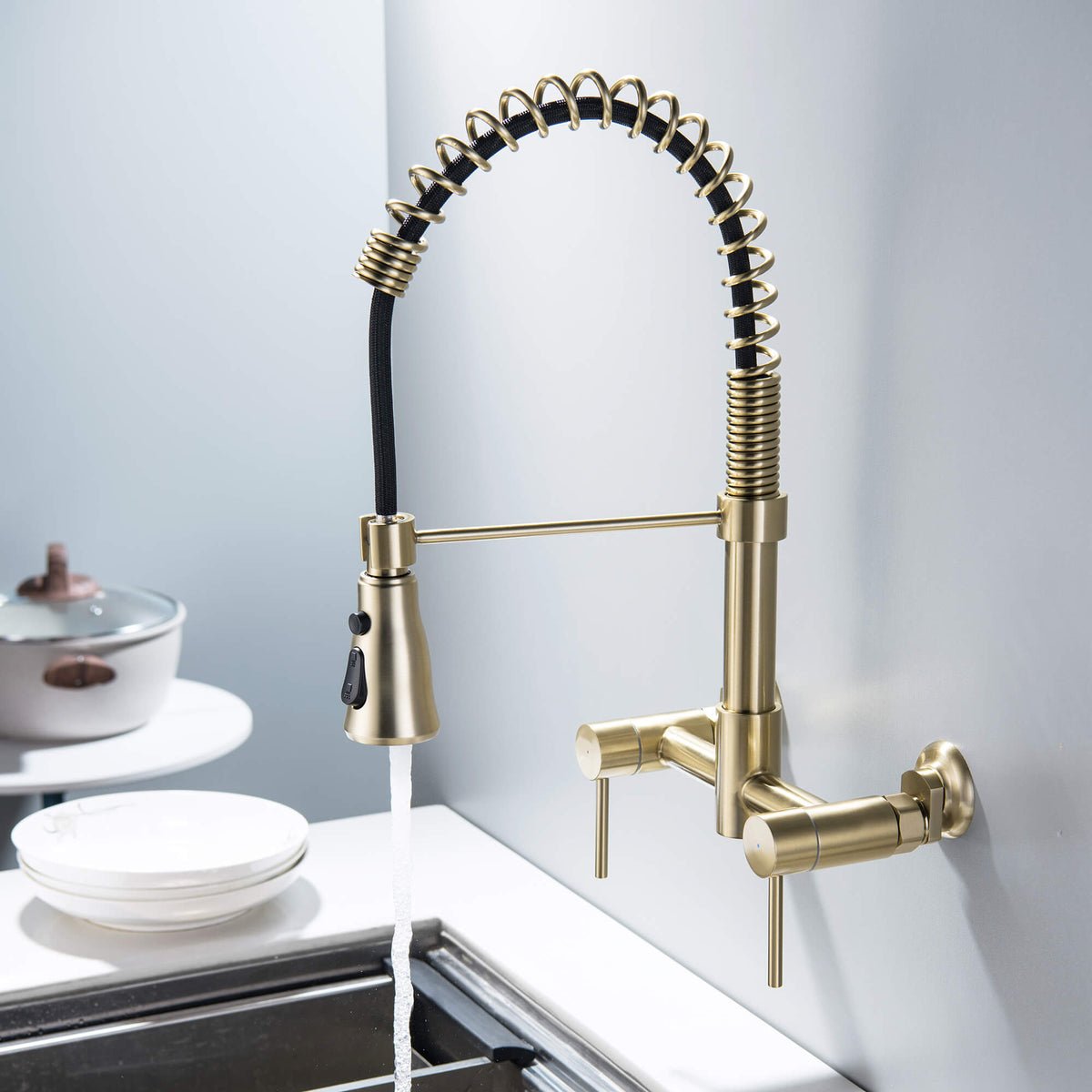 Wall-Mounted Kitchen Faucet with Pull-Down Sprayer 3 Modes 360° Swivel