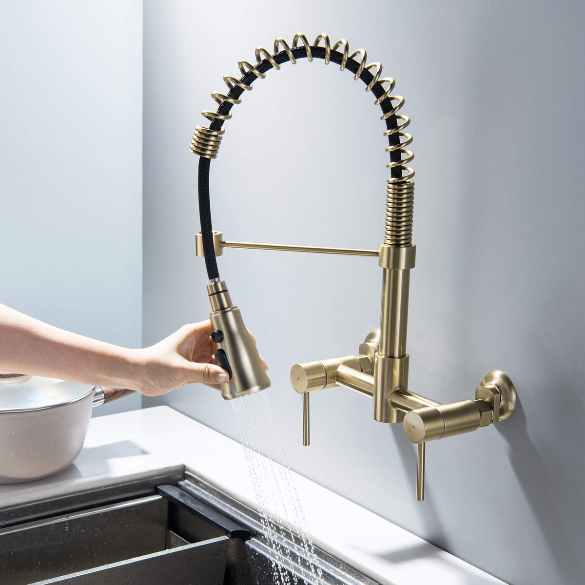Wall-Mounted Kitchen Faucet with Pull-Down Sprayer 3 Modes 360° Swivel