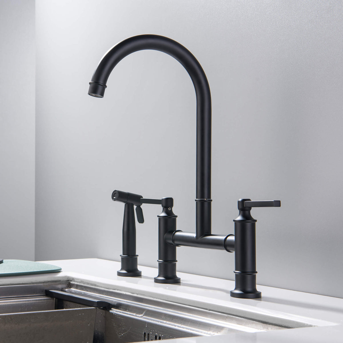 Bridge Kitchen Faucet with Pull Out Sprayer 360° Swivel Dual Handles Brass Construction