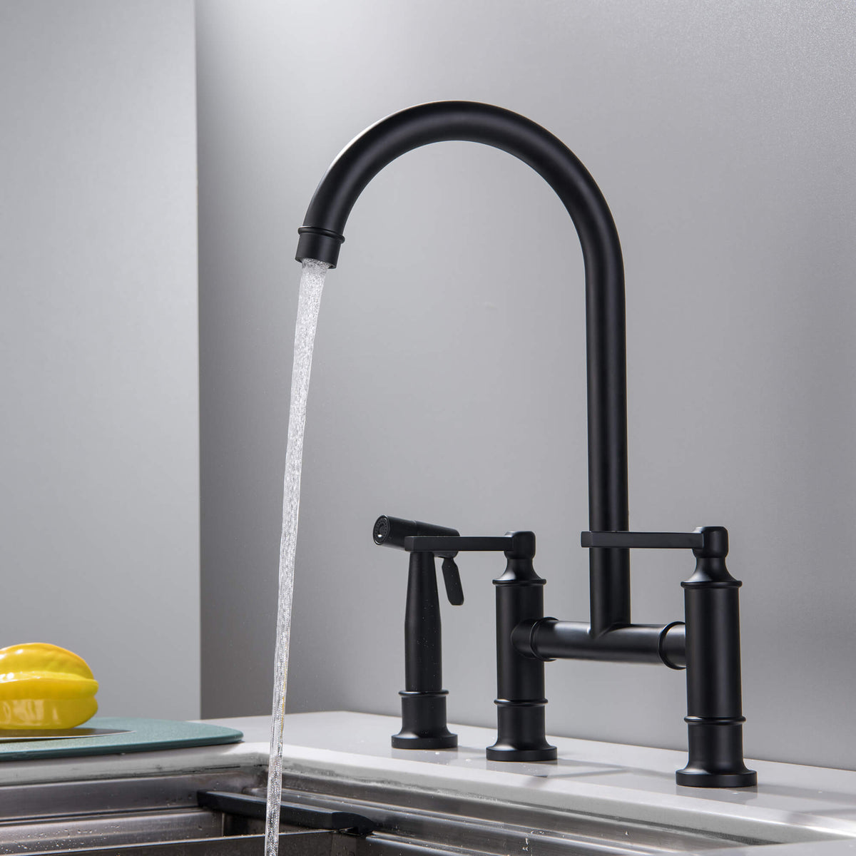 Bridge Kitchen Faucet with Pull Out Sprayer 360° Swivel Dual Handles Brass Construction