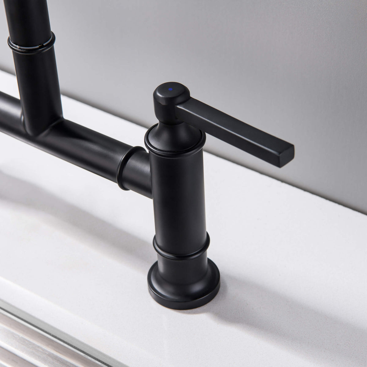 Bridge Kitchen Faucet with Pull Out Sprayer 360° Swivel Dual Handles Brass Construction