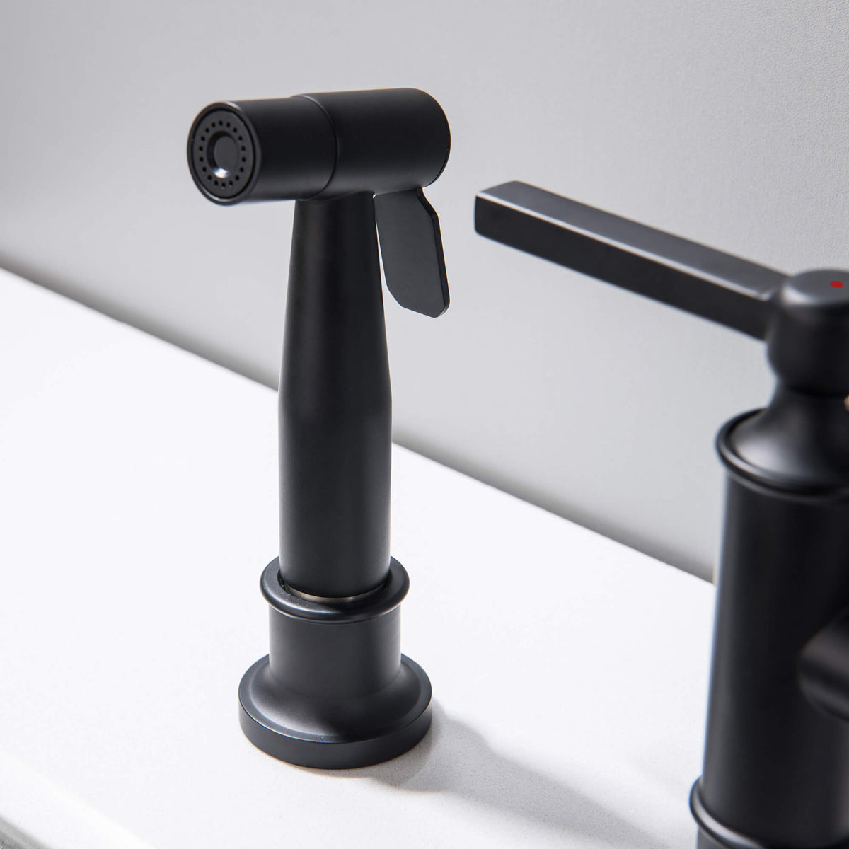 Bridge Kitchen Faucet with Pull Out Sprayer 360° Swivel Dual Handles Brass Construction