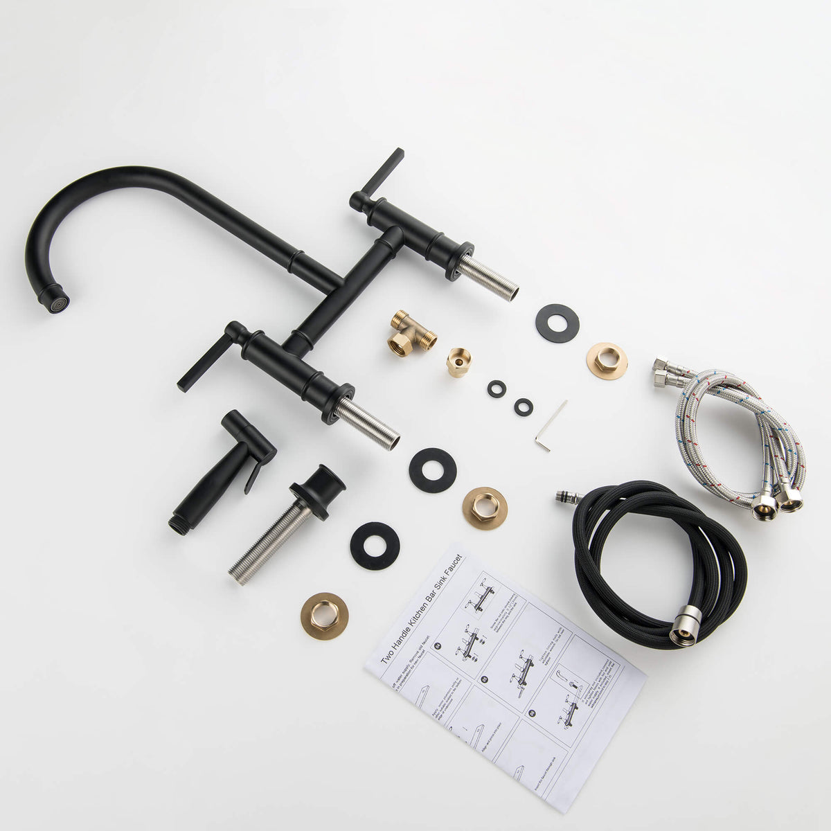 Bridge Kitchen Faucet with Pull Out Sprayer 360° Swivel Dual Handles Brass Construction