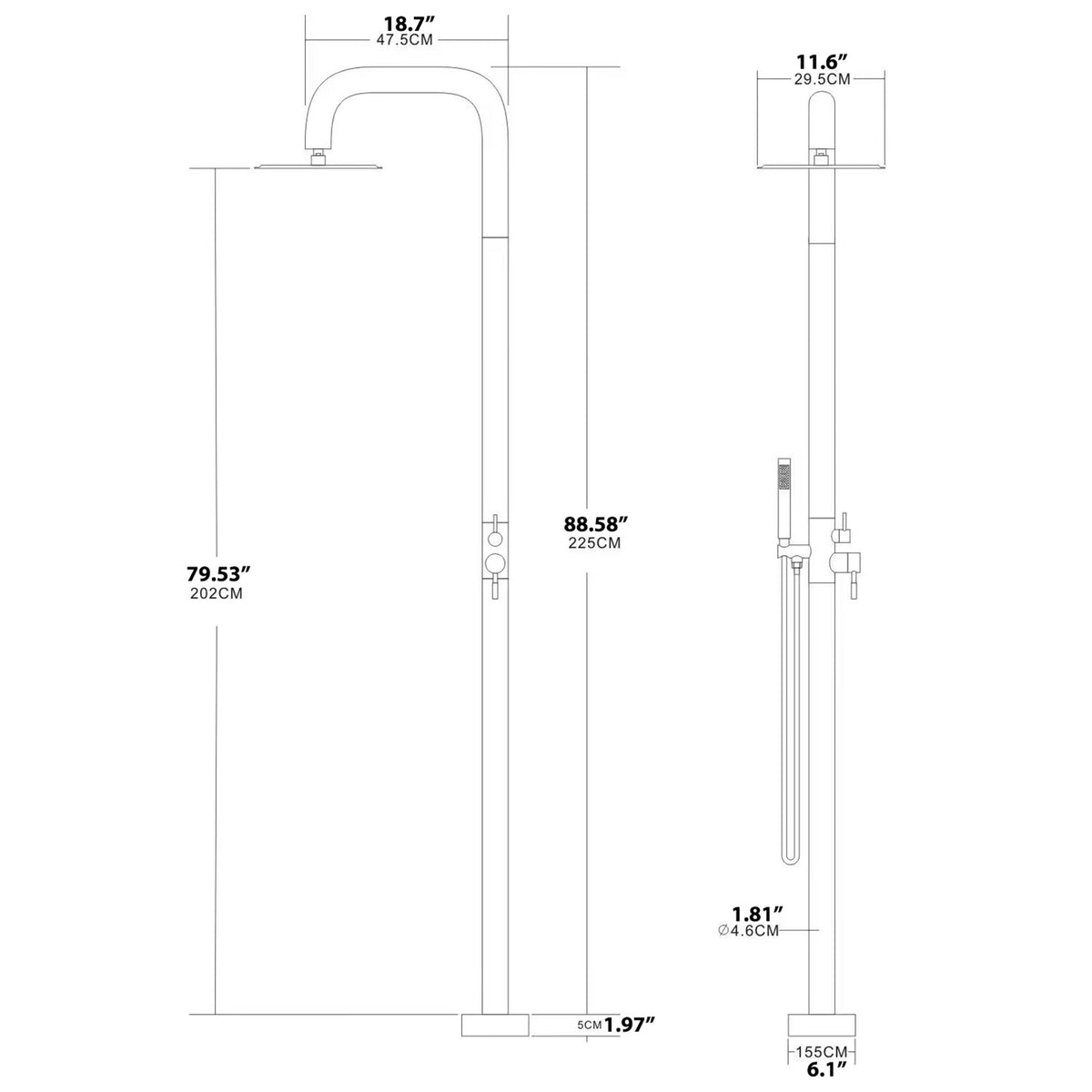 Stainless Steel Freestanding Outdoor Shower Column with Detachable Shower Head