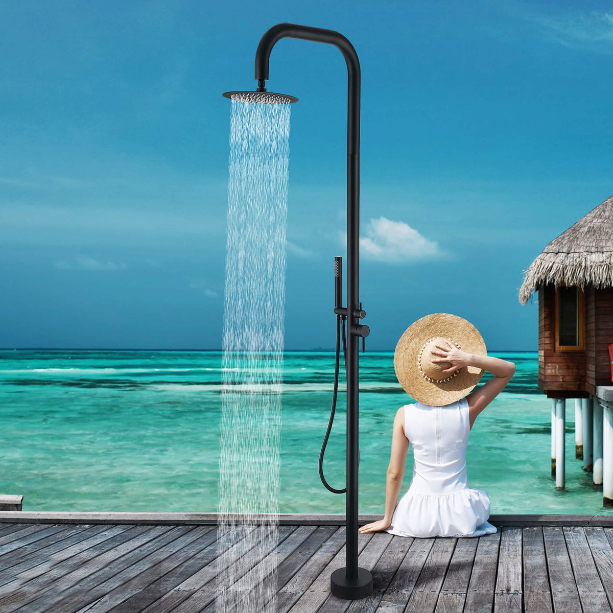 Stainless Steel Freestanding Outdoor Shower Column with Detachable Shower Head