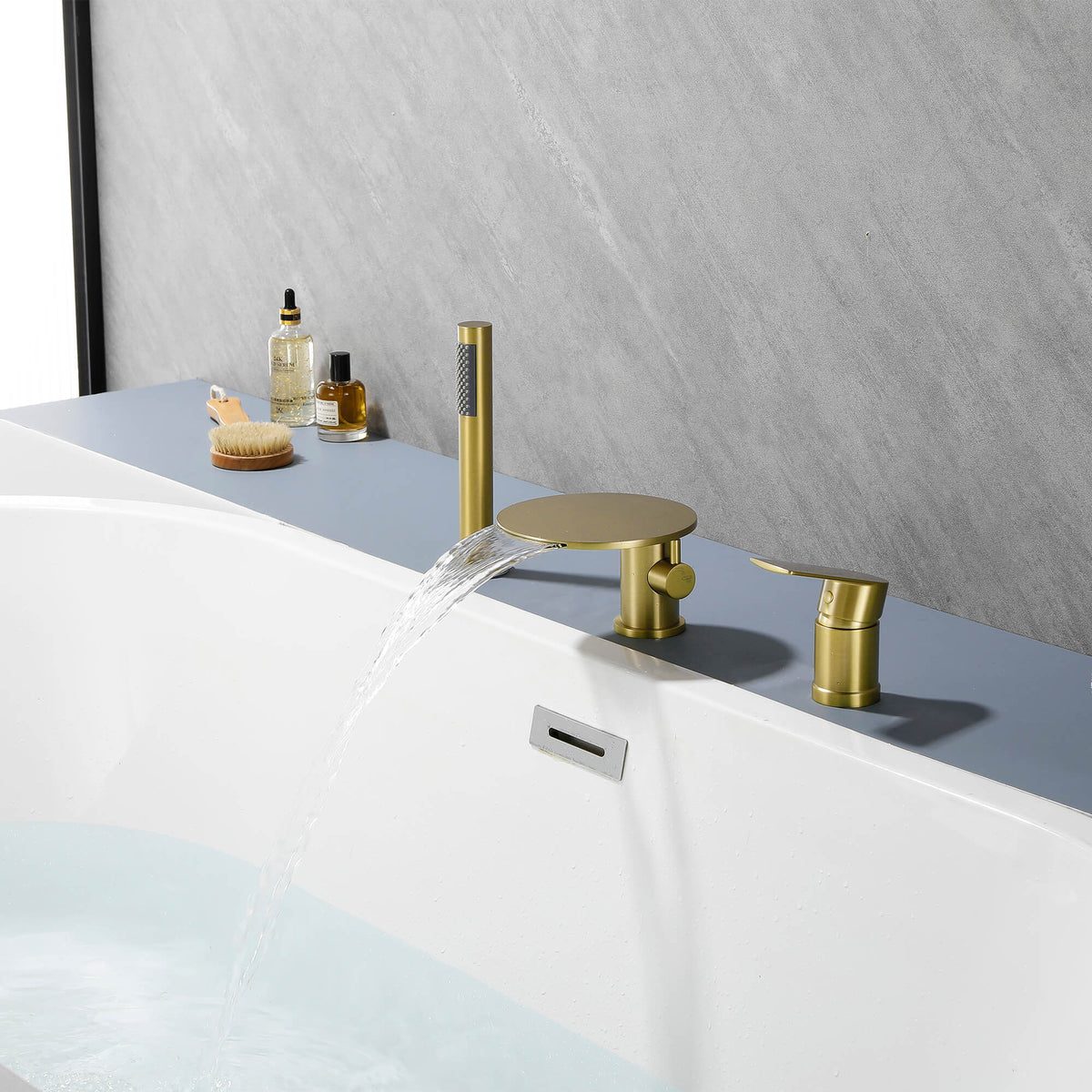 Single-Handle Deck-Mounted Roman Tub Faucet with Hand Shower