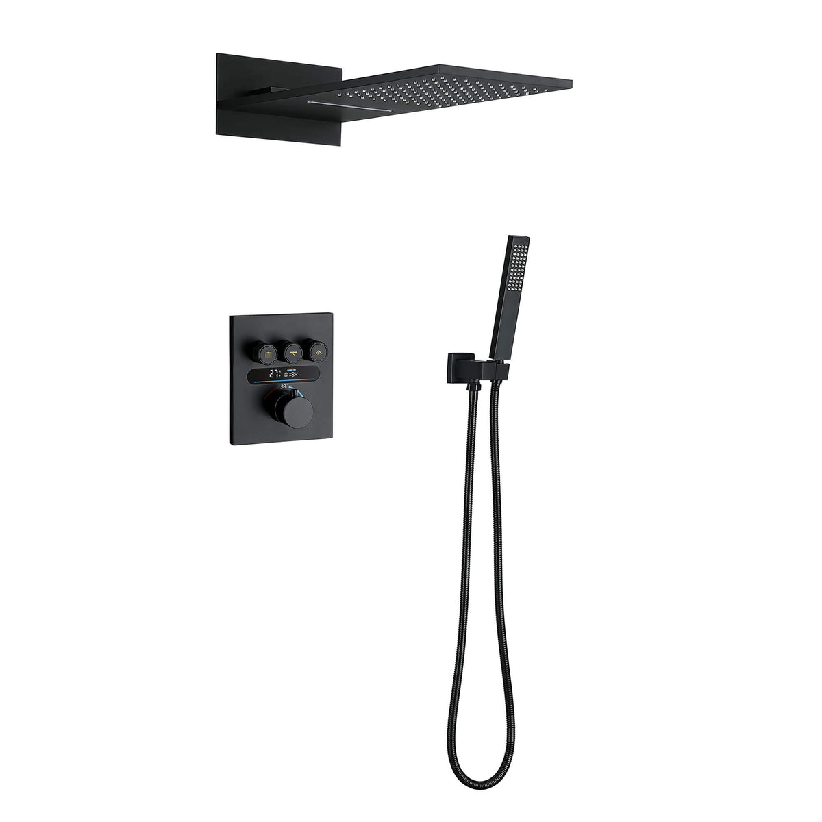 Thermostatic Shower Set with Rainfall Waterfall Head Handheld 3-Button Valve Digital Display Anti Scald Wall-Mounted