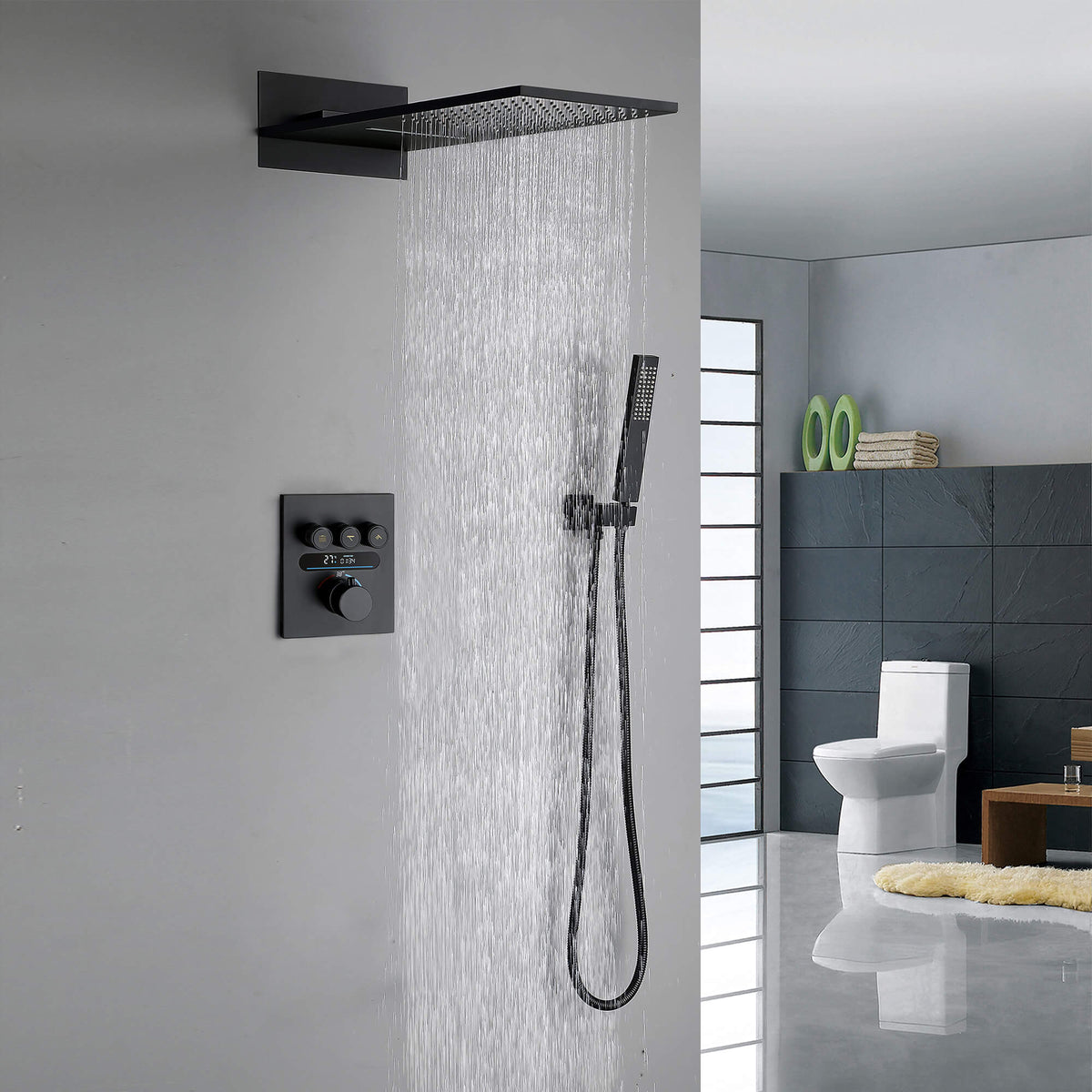 Thermostatic Shower Set with Rainfall Waterfall Head Handheld 3-Button Valve Digital Display Anti Scald Wall-Mounted