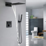 Thermostatic Shower Set with Rainfall Waterfall Head Handheld 3-Button Valve Digital Display Anti Scald Wall-Mounted