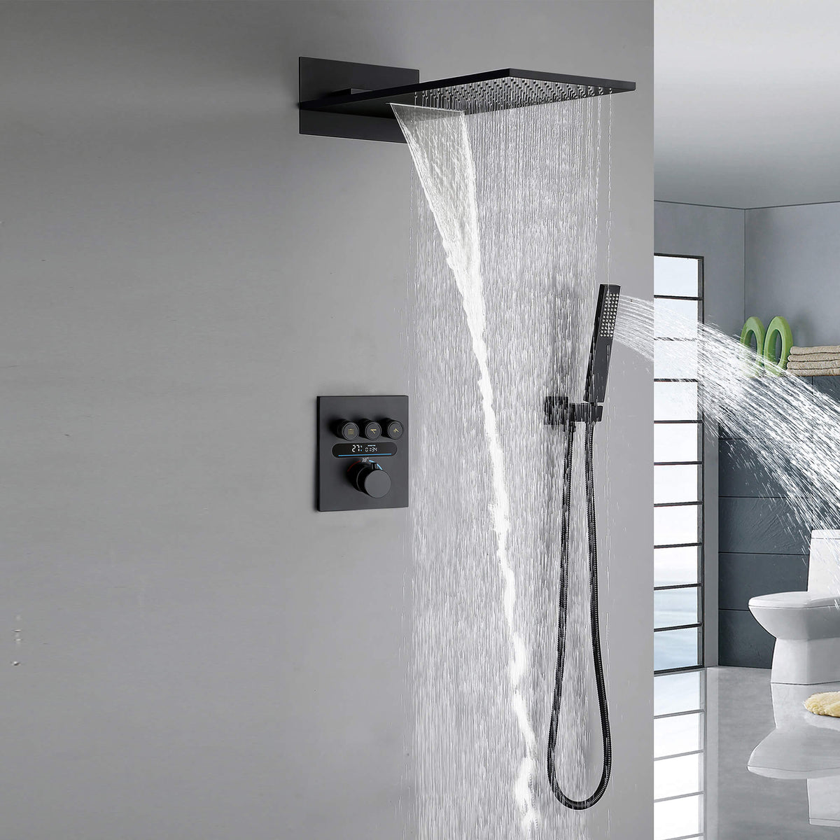 Thermostatic Shower Set with Rainfall Waterfall Head Handheld 3-Button Valve Digital Display Anti Scald Wall-Mounted