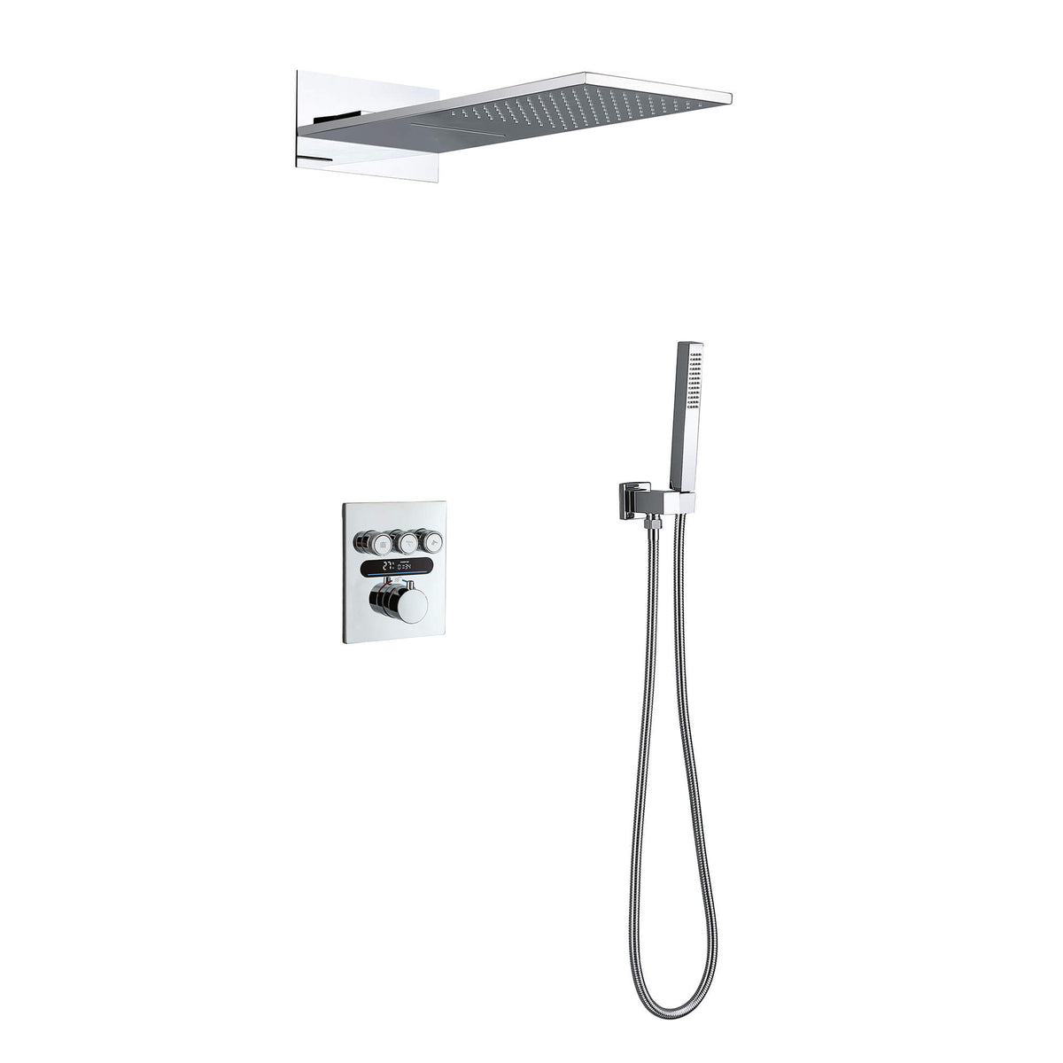Thermostatic Shower Set with Rainfall Waterfall Head Handheld 3-Button Valve Digital Display Anti Scald Wall-Mounted