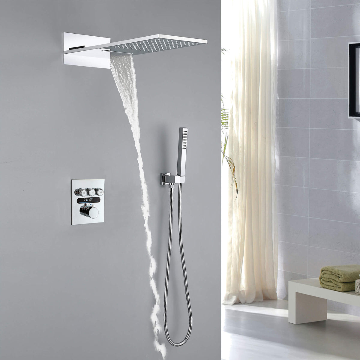 Thermostatic Shower Set with Rainfall Waterfall Head Handheld 3-Button Valve Digital Display Anti Scald Wall-Mounted