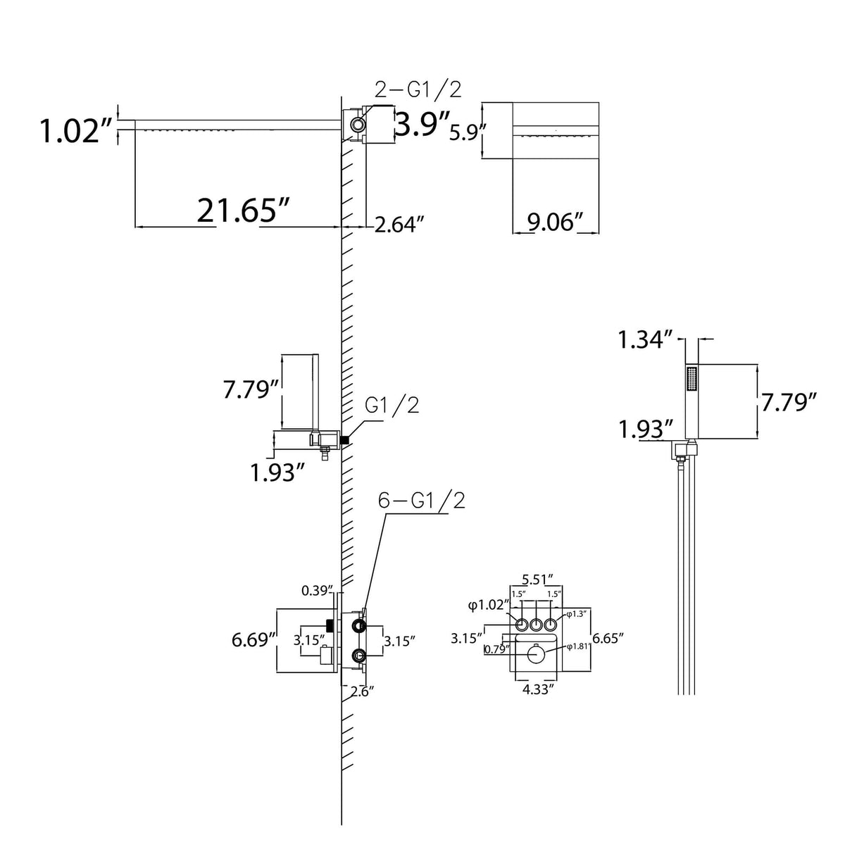 Thermostatic Shower Set with Rainfall Waterfall Head Handheld 3-Button Valve Digital Display Anti Scald Wall-Mounted