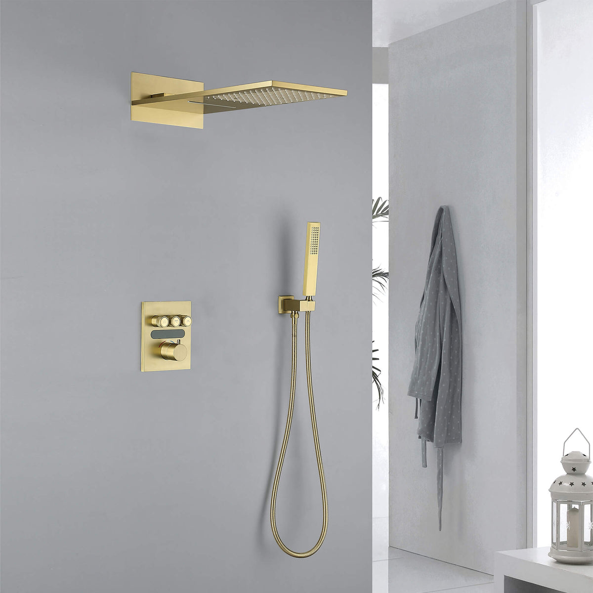 Thermostatic Shower Set with Rainfall Waterfall Head Handheld 3-Button Valve Digital Display Anti Scald Wall-Mounted