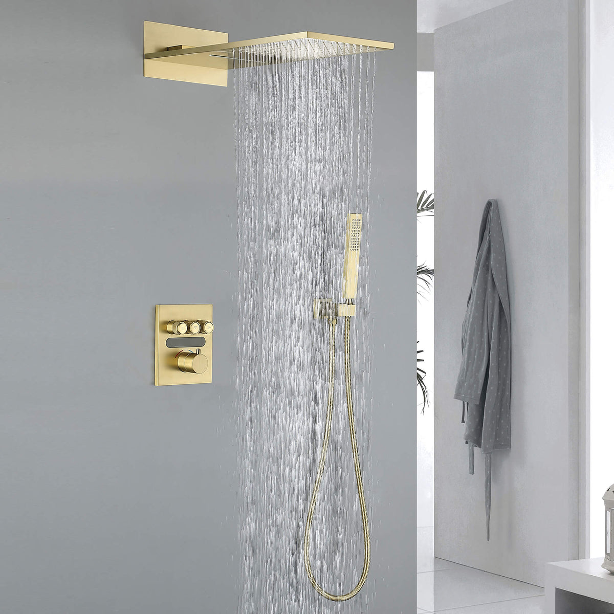 Thermostatic Shower Set with Rainfall Waterfall Head Handheld 3-Button Valve Digital Display Anti Scald Wall-Mounted