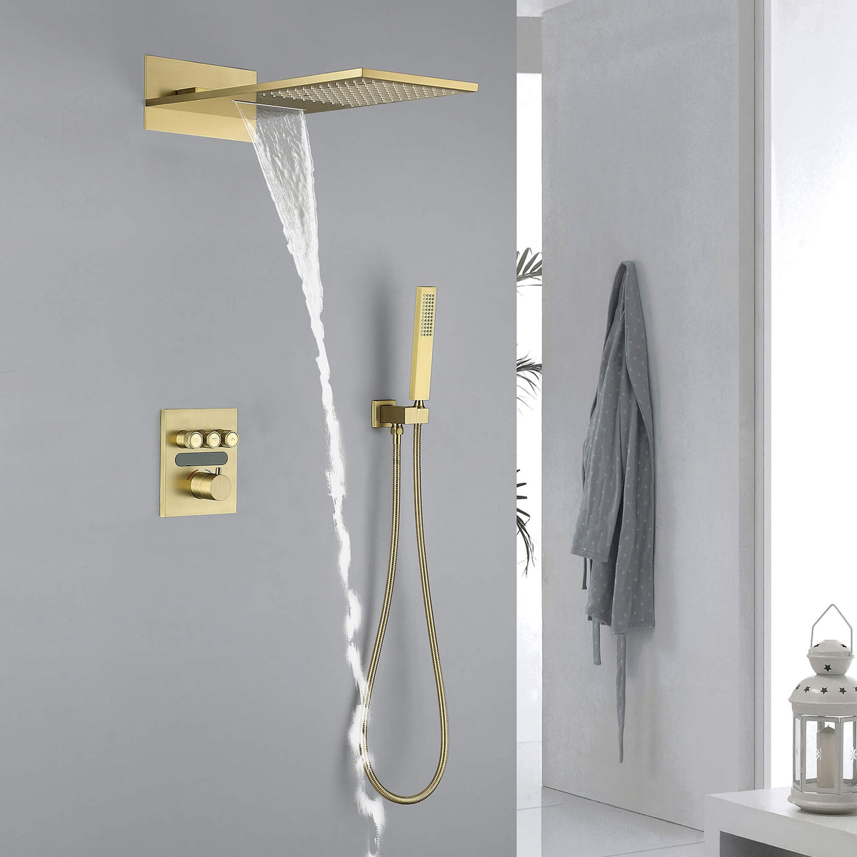 Thermostatic Shower Set with Rainfall Waterfall Head Handheld 3-Button Valve Digital Display Anti Scald Wall-Mounted