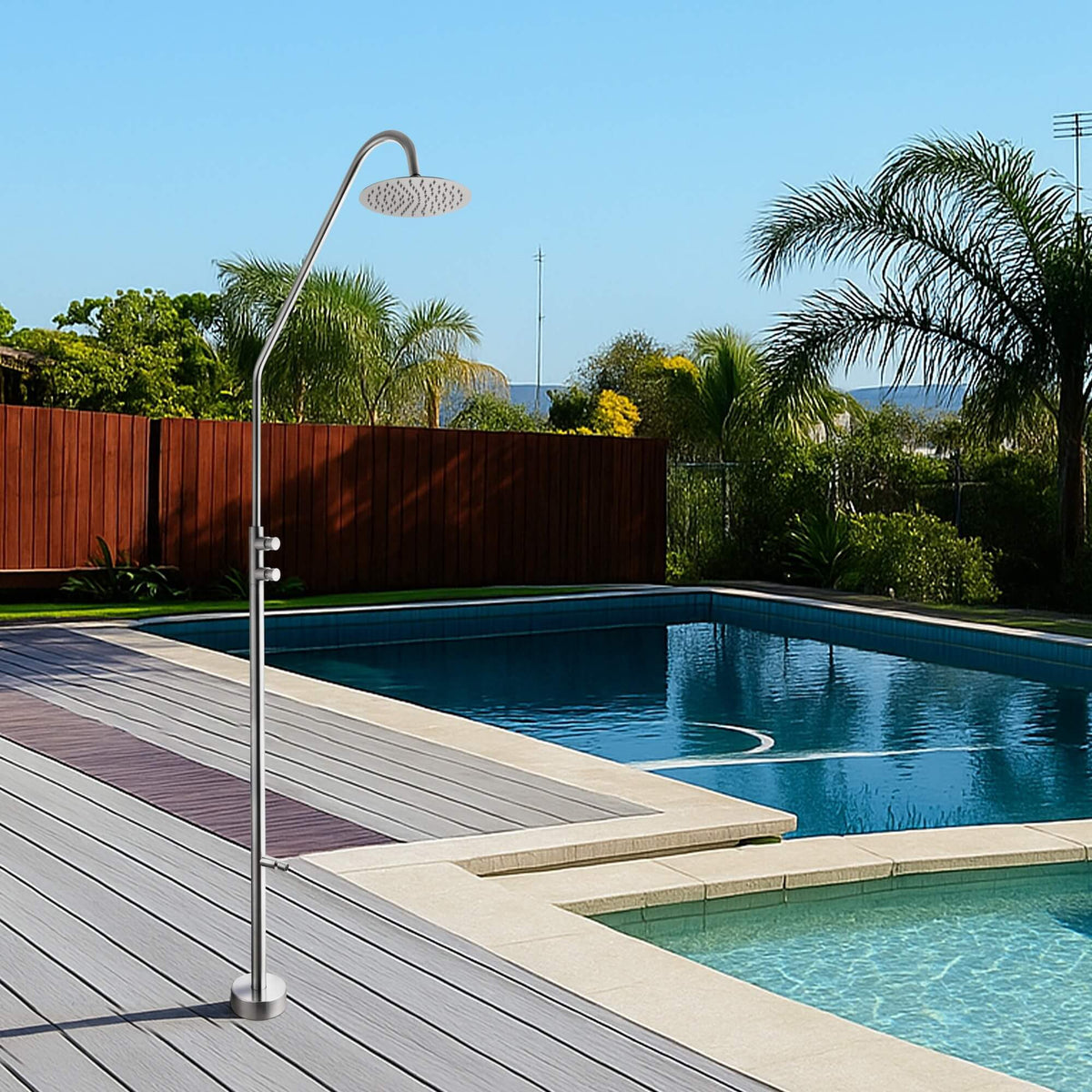 Freestanding 316 Stainless Steel Outdoor Shower with Self-Closing Handles & Foot Rinse