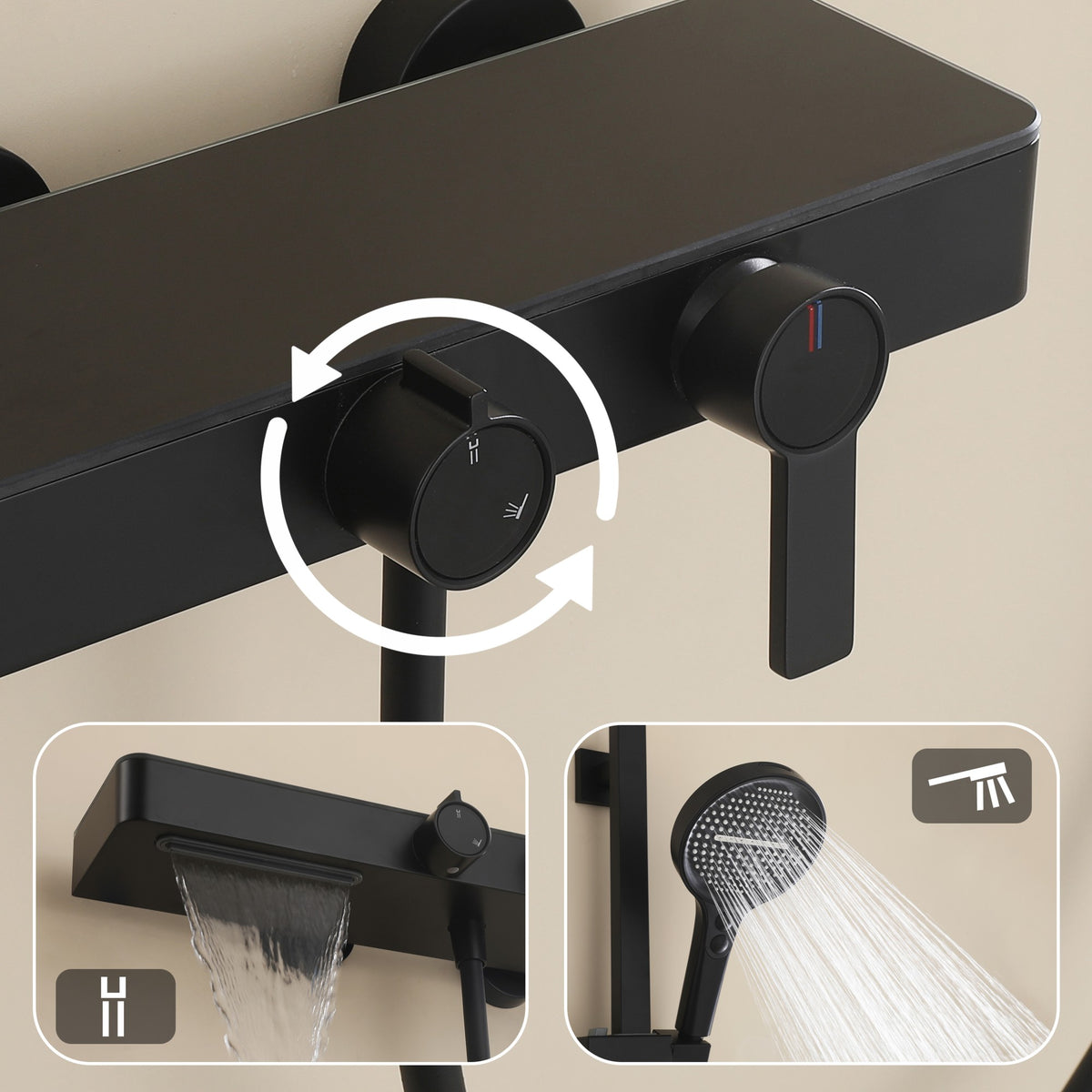 Wall-Mounted Bathtub Shower System with 3-Function Handheld & Waterfall Spout