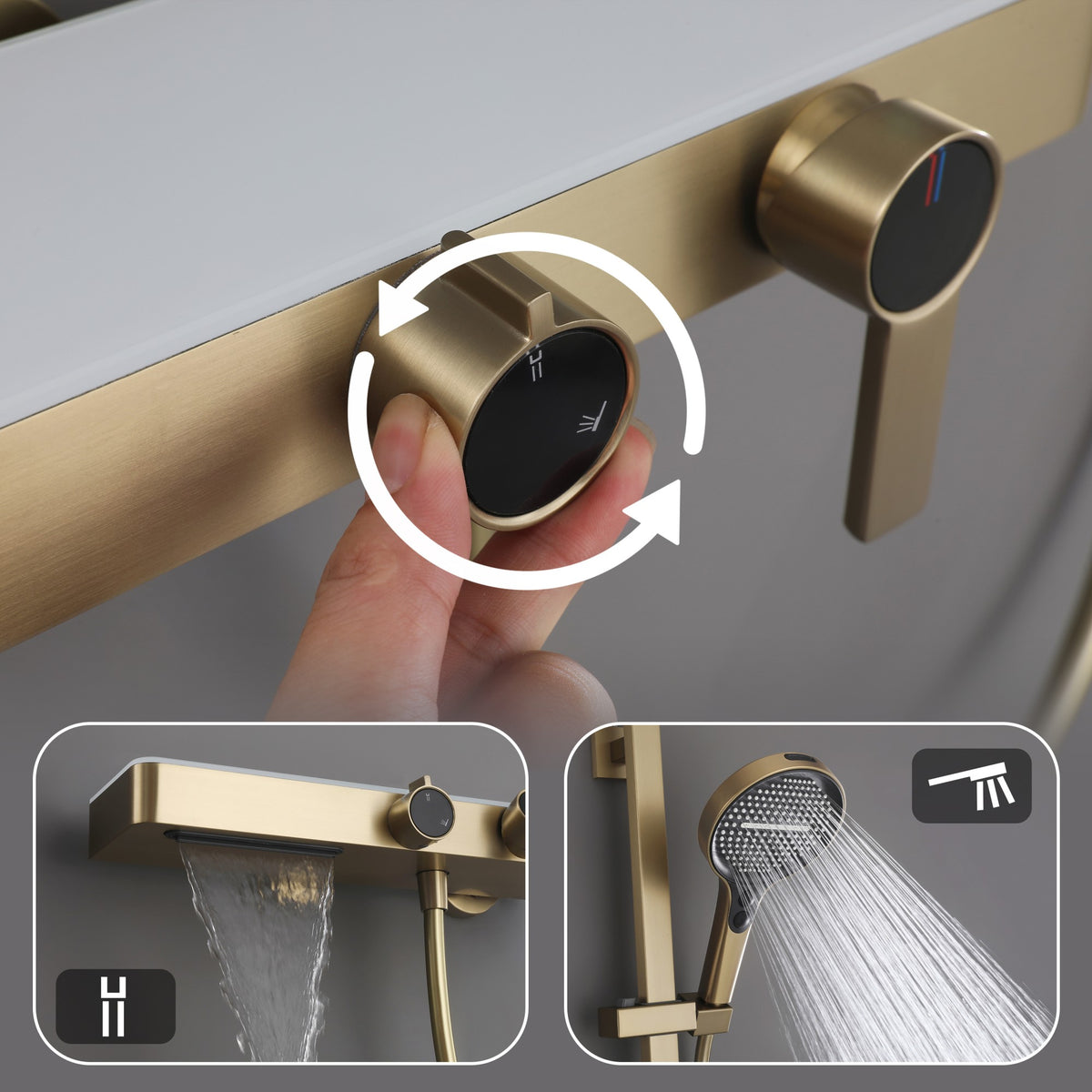 Wall-Mounted Bathtub Shower System with 3-Function Handheld & Waterfall Spout