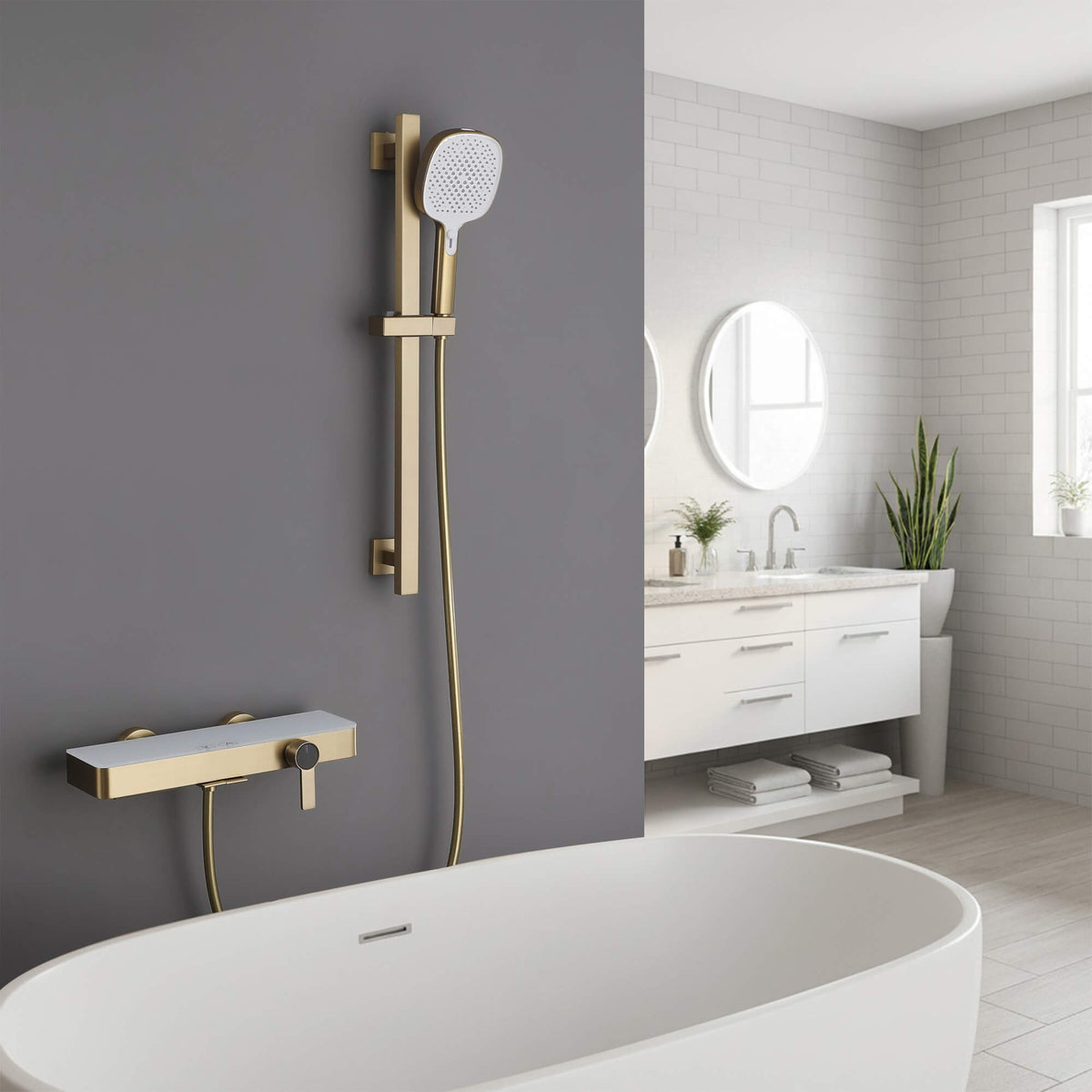Wall-Mounted Bathtub Faucet Waterfall Spout Push Button Diverter Handheld Shower Slide Bar