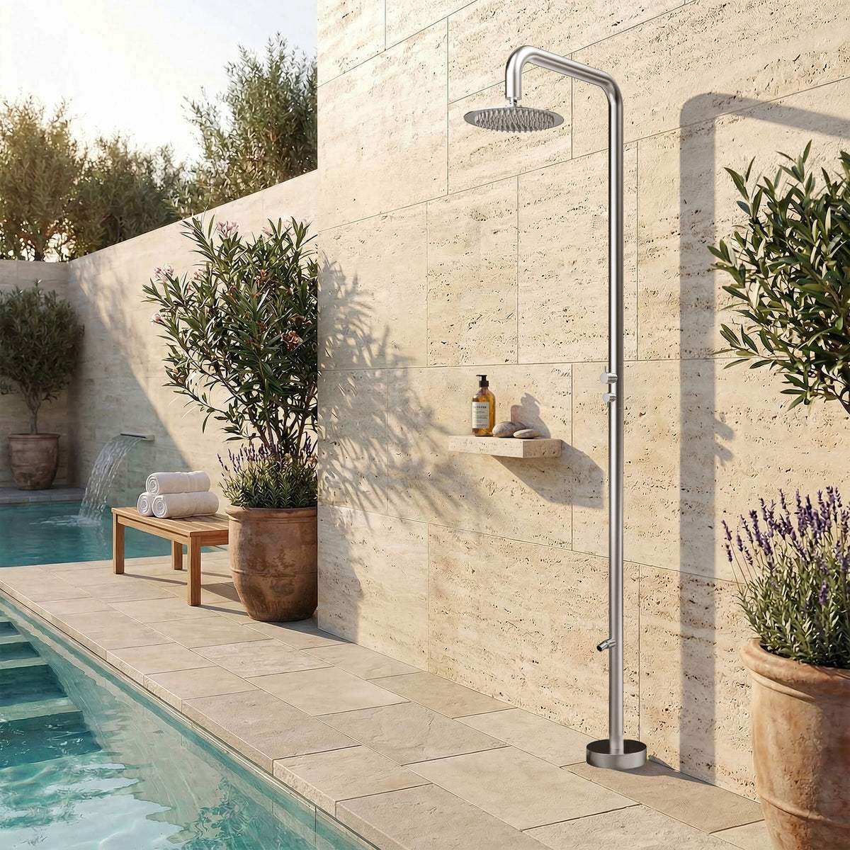2-Function Outdoor Shower with Rain Shower Head and 360° Adjustable Foot Wash Spout
