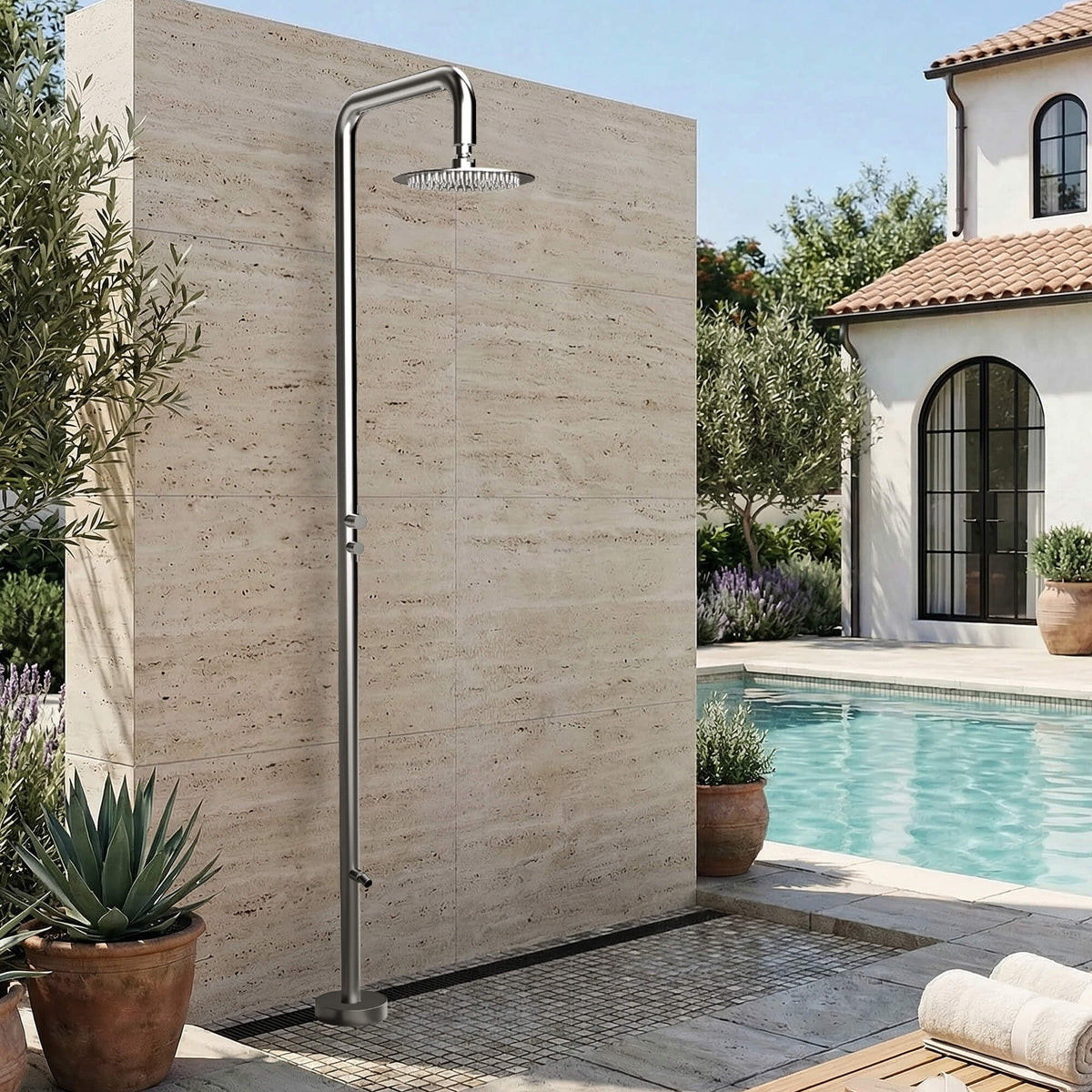 2-Function Outdoor Shower with Rain Shower Head and 360° Adjustable Foot Wash Spout