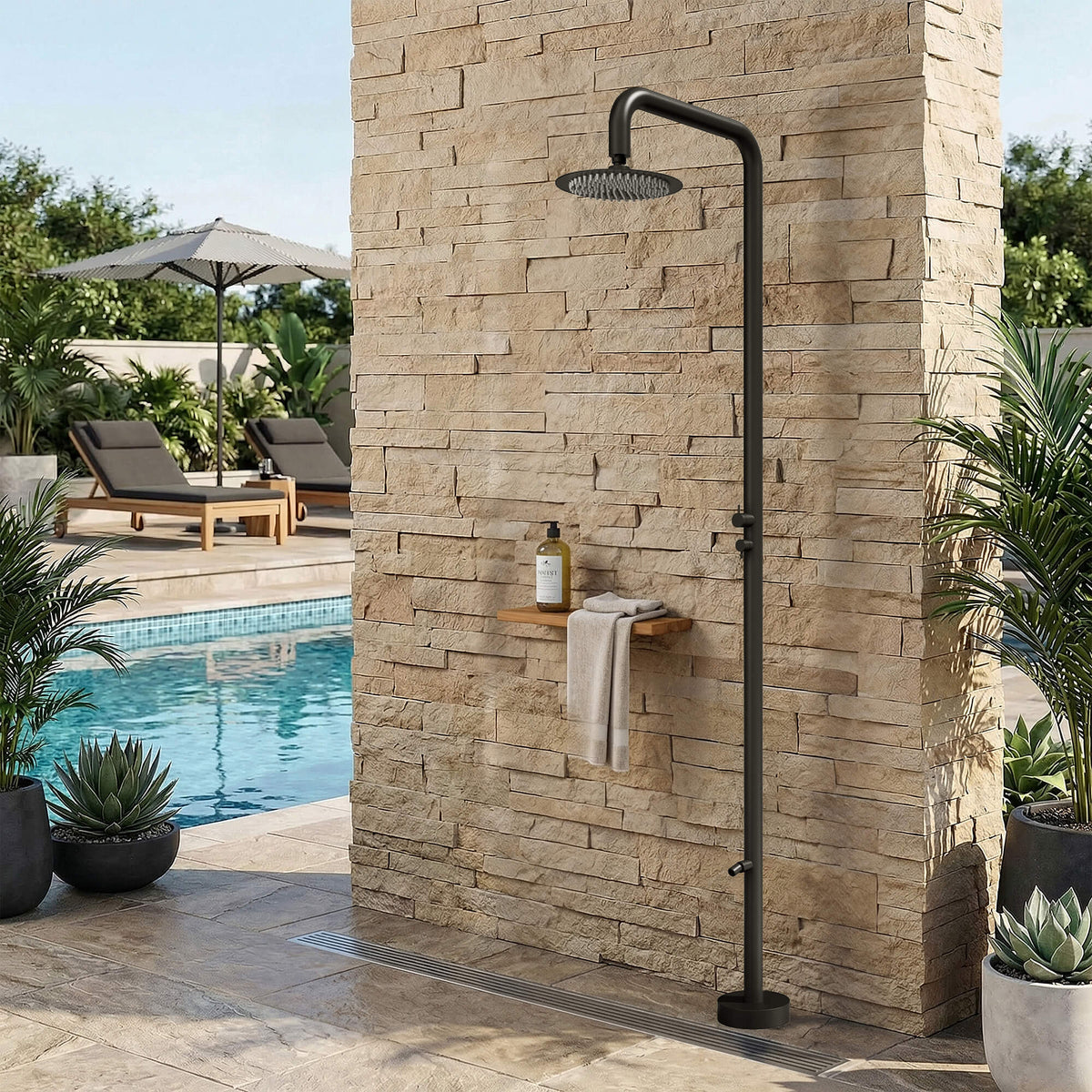 2-Function Outdoor Shower with Rain Shower Head and 360° Adjustable Foot Wash Spout