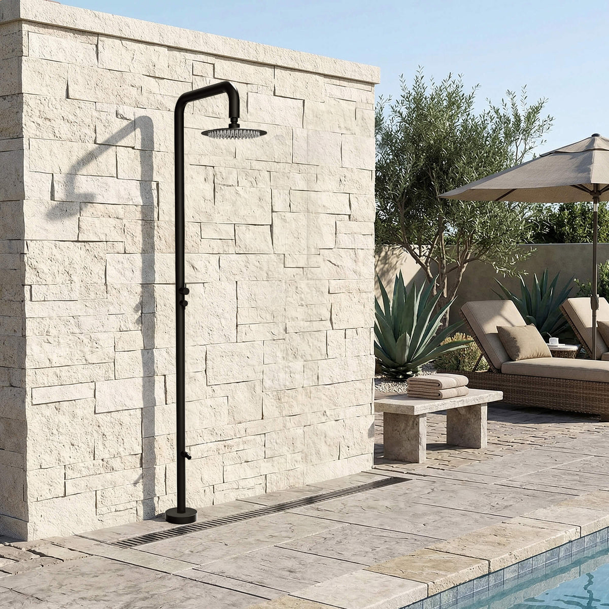 2-Function Outdoor Shower with Rain Shower Head and 360° Adjustable Foot Wash Spout