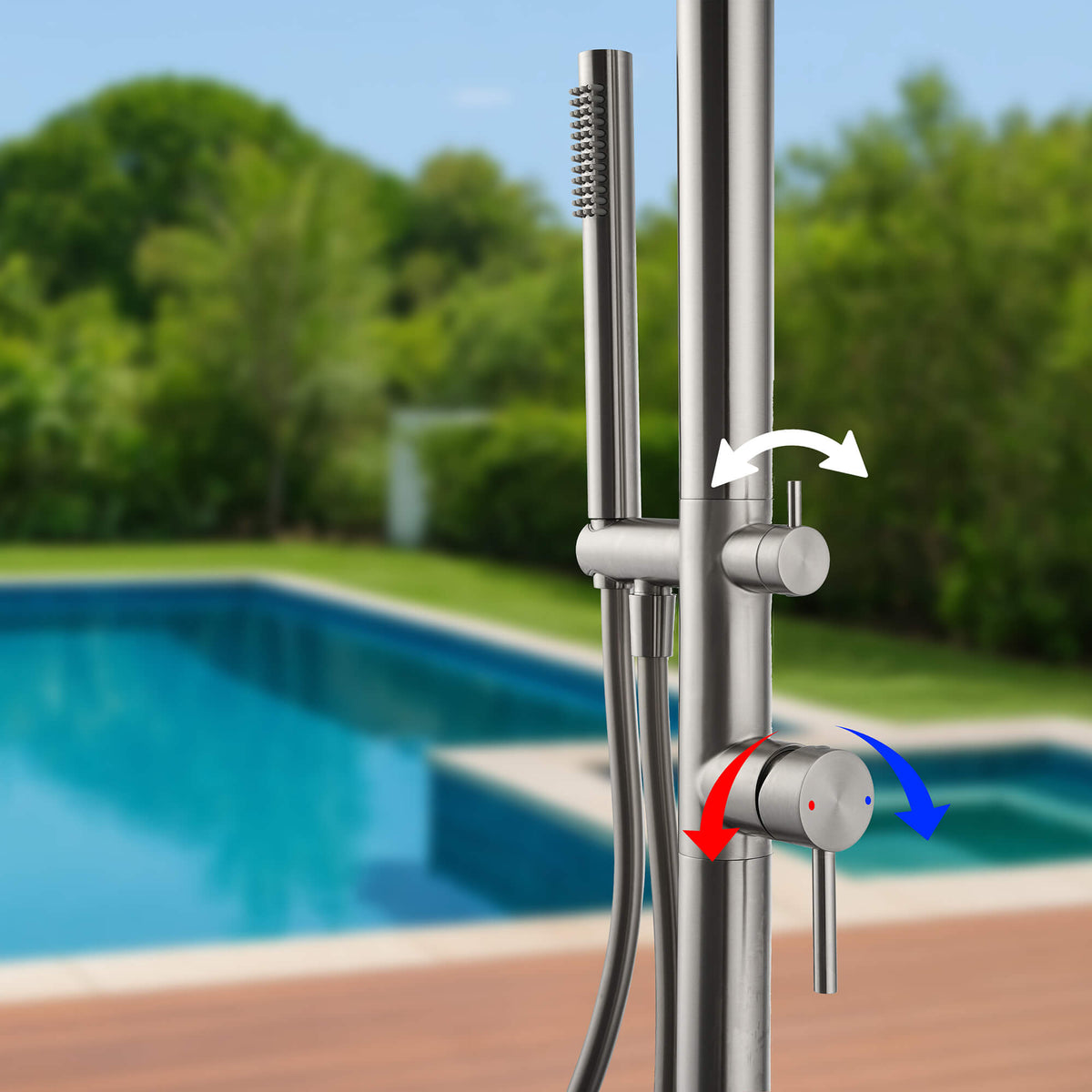 Outdoor Shower 316 Stainless Steel Freestanding Pool Shower with Hot & Cold Water Control