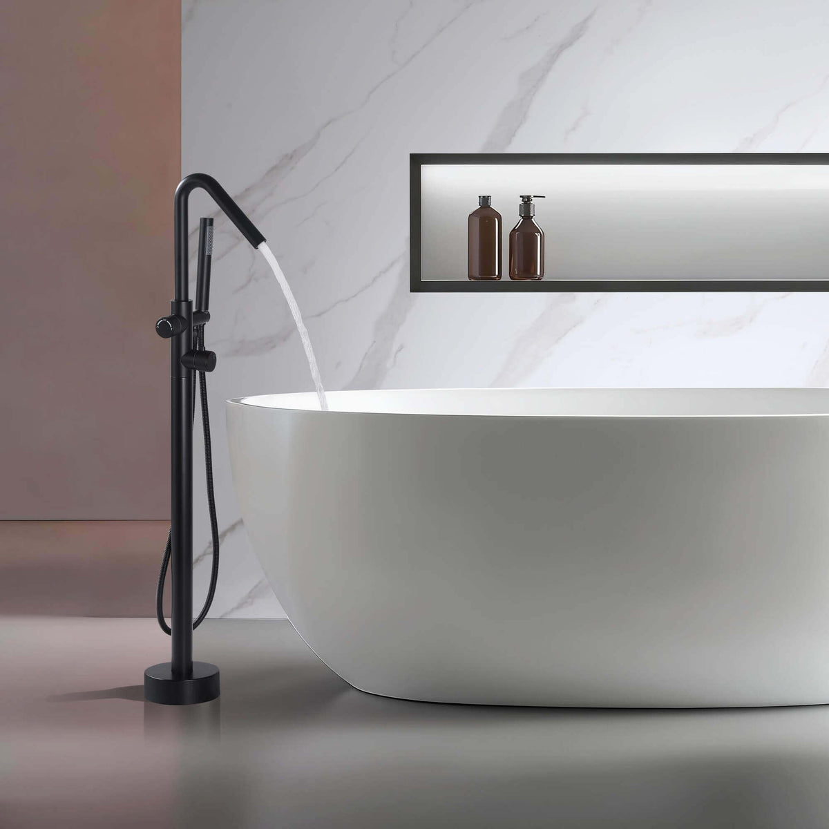 316 Stainless Steel Freestanding Thermostatic Tub Filler with Swivel Spout and Handheld Shower