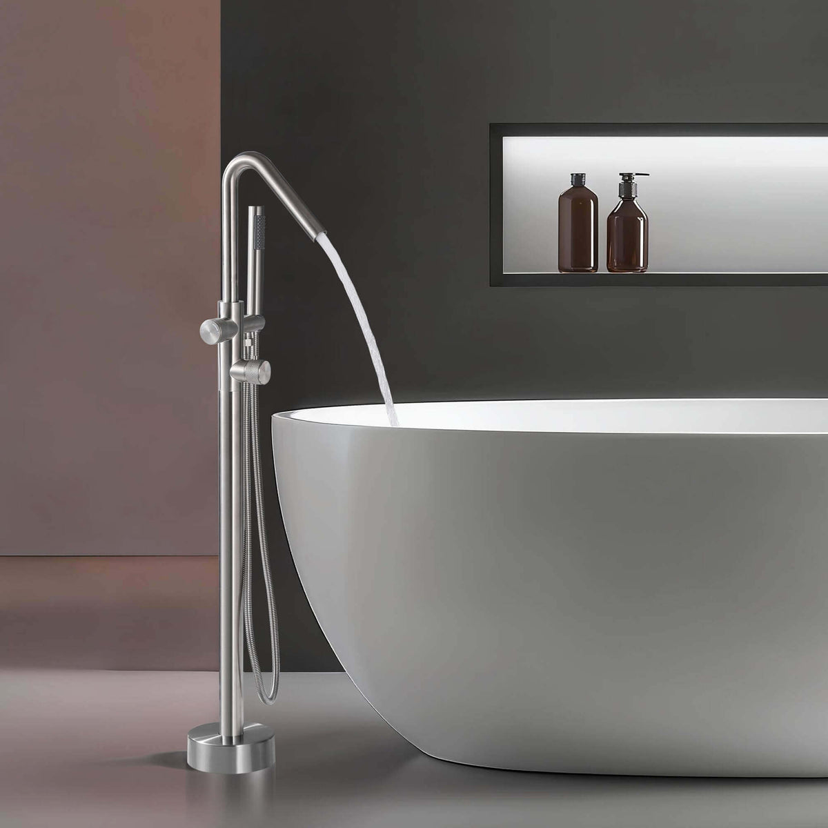 316 Stainless Steel Freestanding Thermostatic Tub Filler with Swivel Spout and Handheld Shower