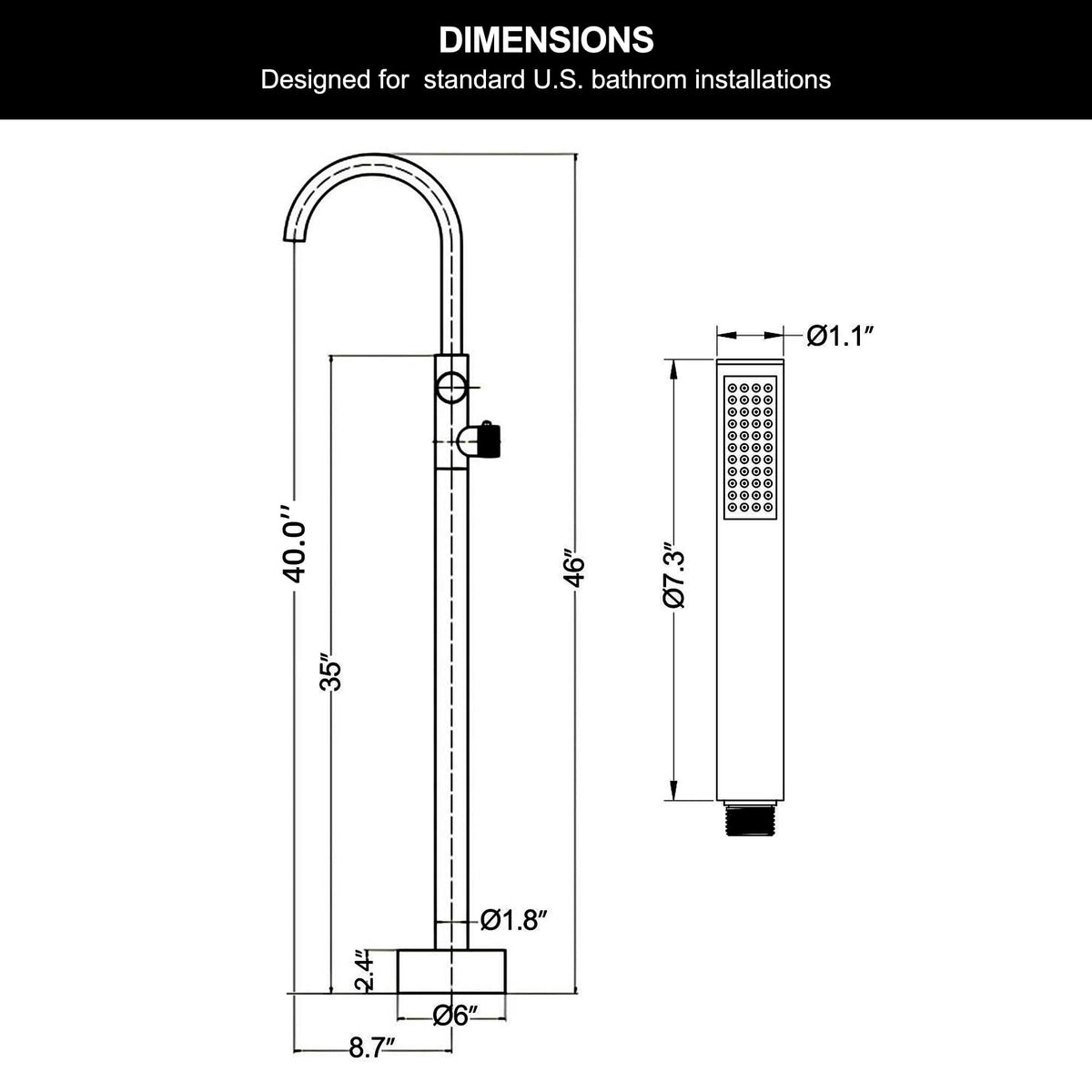 316 Stainless Steel Thermostatic Freestanding Tub Faucet with Handheld Shower