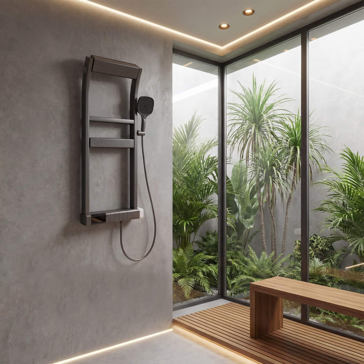 Thermostatic Shower System with 4 Water Modes Handheld Showerhead LED Display and Dual Storage Shelf